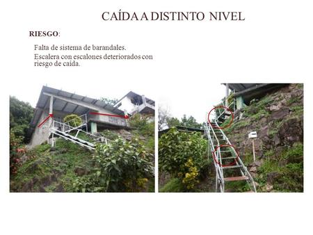 CAÍDA A DISTINTO NIVEL RIESGO: Falta de sistema de barandales. Escalera con escalones deteriorados con riesgo de caída.
