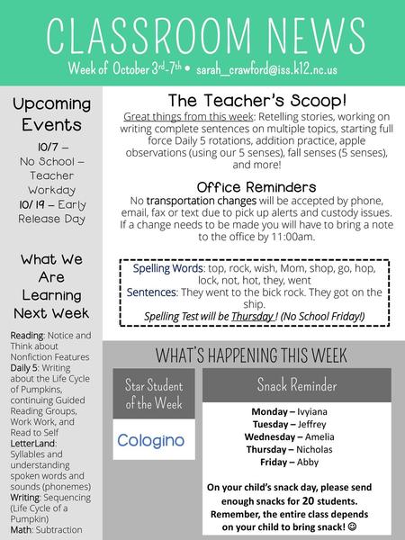 CLASSROOM NEWS The Teacher’s Scoop! Upcoming Events