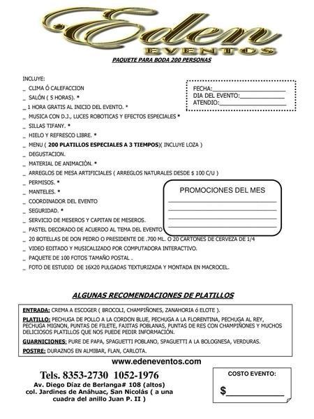 PAQUETE PARA BODA 200 PERSONAS INCLUYE: _  CLIMA Ó CALEFACCION