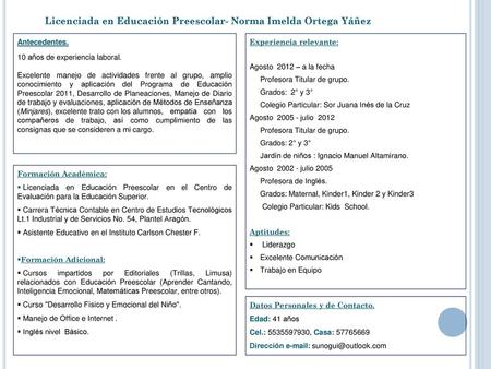 Licenciada en Educación Preescolar- Norma Imelda Ortega Yáñez