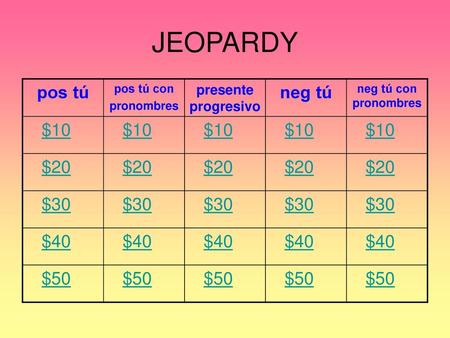 JEOPARDY pos tú neg tú $10 $20 $30 $40 $50 presente progresivo