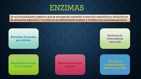 ENZIMAS Es un biocatalizador orgánico que se encarga de aumentar la reacción metabólica o bioquímicas Es altamente especifico, va actuar en un determinado.