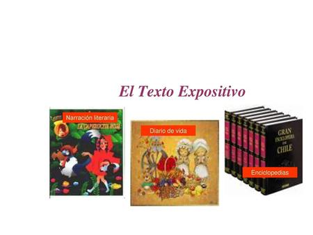 El Texto Expositivo Narración literaria Diario de vida Enciclopedias.