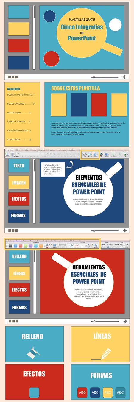 RELLENO LÍNEAS EFECTOS FORMAS Cinco Infografías PowerPoint