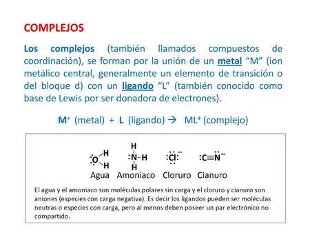 M+ (metal) + L (ligando)  ML+ (complejo)