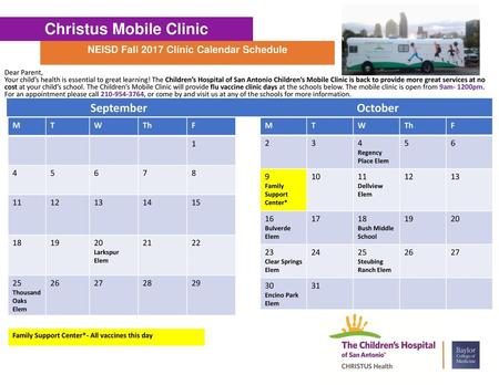 Christus Mobile Clinic NEISD Fall 2017 Clinic Calendar Schedule