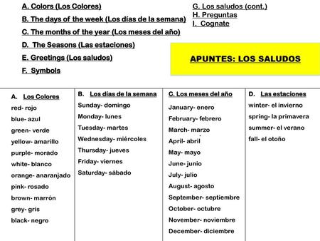 APUNTES: LOS SALUDOS A. Colors (Los Colores)