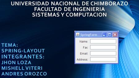 UNIVERSIDAD NACIONAL DE CHIMBORAZO FACULTAD DE INGENIERIA SISTEMAS Y COMPUTACION TEMA: SPRING-LAYOUT INTEGRANTES : JHON LOZA MISHELL VITERI ANDRES OROZCO.