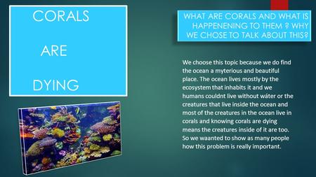 CORALS ARE DYING WHAT ARE CORALS AND WHAT IS HAPPENENING TO THEM ? WHY WE CHOSE TO TALK ABOUT THIS? We choose this topic because we do find the ocean a.