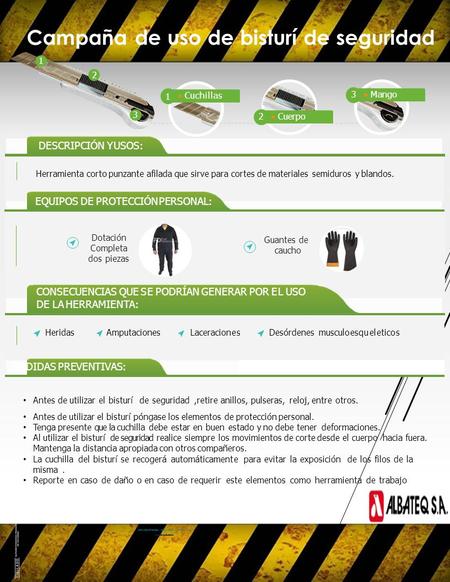 DESCRIPCIÓN Y USOS: Herramienta corto punzante afilada que sirve para cortes de materiales semiduros y blandos. EQUIPOS DE PROTECCIÓN PERSONAL: Dotación.