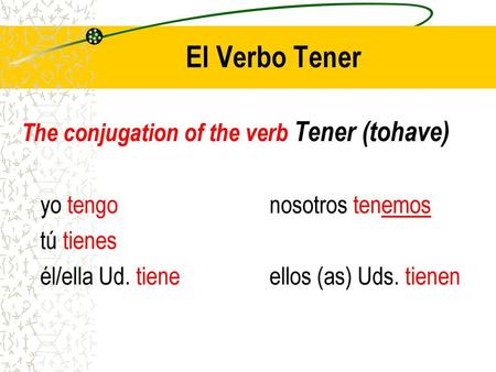 El Verbo Tener The conjugation of the verb Tener (tohave)