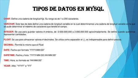 Tipos de datos en MYSQL YEAR: Año. “YYYY” o “YY”