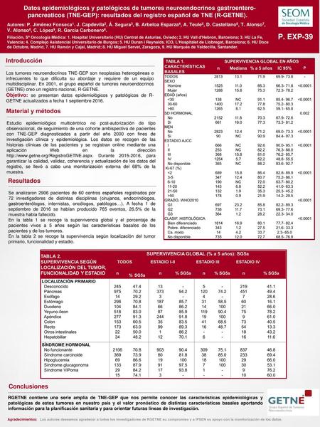 Datos epidemiológicos y patológicos de tumores neuroendocrinos gastroentero-pancreaticos (TNE-GEP): resultados del registro español de TNE (R-GETNE). Autores: