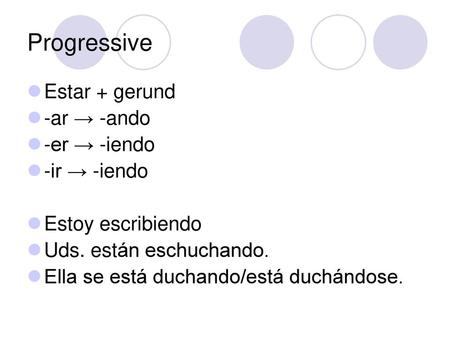 Progressive Estar + gerund -ar → -ando -er → -iendo -ir → -iendo