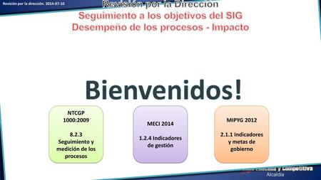 Revisión por la Dirección Seguimiento a los objetivos del SIG Desempeño de los procesos - Impacto Bienvenidos! NTCGP 1000:2009 8.2.3 Seguimiento y medición.