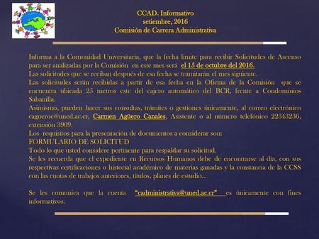 CCAD. Informativo setiembre, 2016 Comisión de Carrera Administrativa