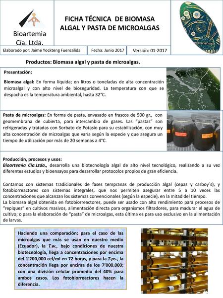 FICHA TÉCNICA DE BIOMASA ALGAL Y PASTA DE MICROALGAS