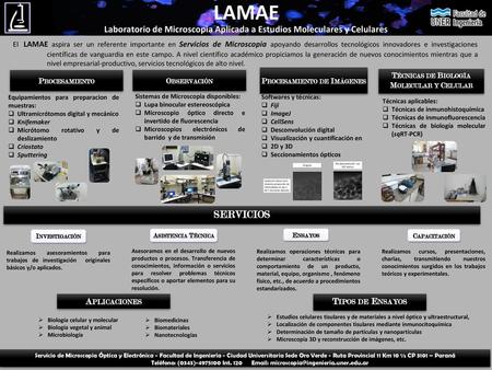 LAMAE Laboratorio de Microscopia Aplicada a Estudios Moleculares y Celulares El LAMAE aspira ser un referente importante en Servicios de Microscopia apoyando.