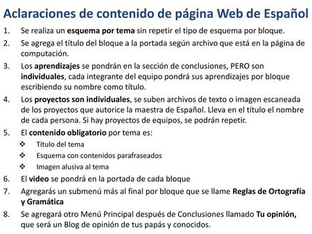 Aclaraciones de contenido de página Web de Español