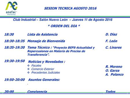 Club Industrial – Salón Nuevo León – Jueves 11 de Agosto 2016