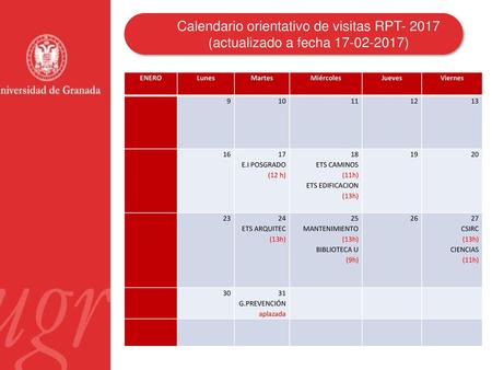 Calendario orientativo de visitas RPT