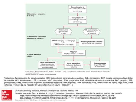 Tratamiento farmacológico del estado epiléptico (SE) tónico-clónico generalizado en adultos. CLZ, clonazepam; ECT, terapia electroconvulsiva; LCM, lacosamida;