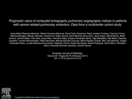 Prognostic value of computed tomography pulmonary angiography indices in patients with cancer-related pulmonary embolism: Data from a multicenter cohort.