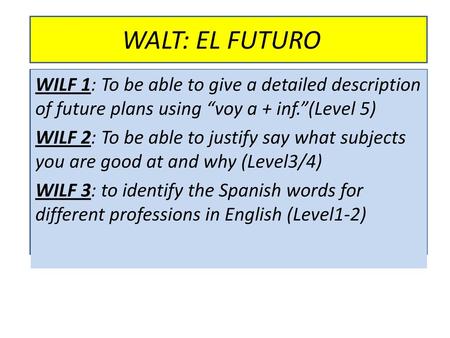 WALT: EL FUTURO WILF 1: To be able to give a detailed description of future plans using “voy a + inf.”(Level 5) WILF 2: To be able to justify say what.