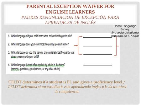 Parental Exception Waiver for English Learners Padres Renunciacion de excepción para aprenDices de Inglés Home Language Survey Encuesta del idioma hablado.