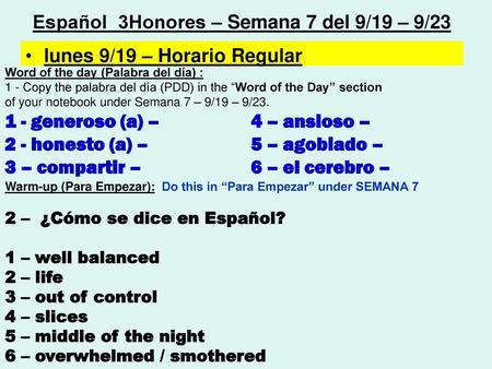 Español 3Honores – Semana 7 del 9/19 – 9/23