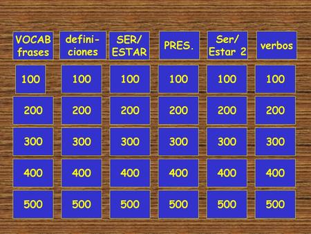 VOCAB frases defini- ciones SER/ ESTAR PRES. Ser/ Estar 2 verbos 100