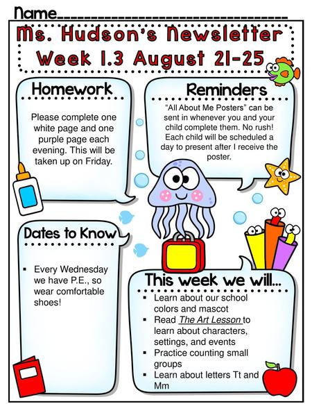 Ms. Hudson’s Newsletter Week 1.3 August 21-25