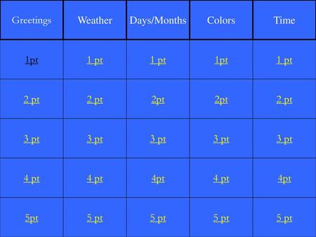 Greetings Weather Days/Months Colors Time 1pt 1 pt 1 pt 1pt 1 pt 2 pt