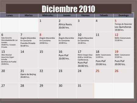 Diciembre 2010 Lunes Martes Miércoles Jueves Viernes Sábado Domingo 1