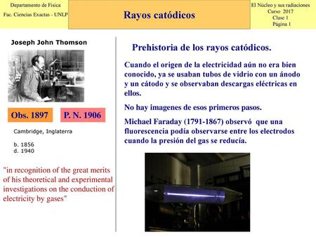 Rayos catódicos Prehistoria de los rayos catódicos. Obs. 1897