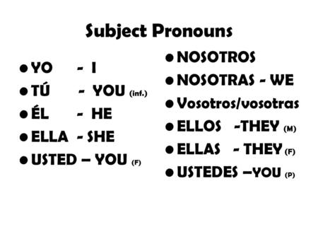 Subject Pronouns NOSOTROS NOSOTRAS - WE YO - I TÚ - YOU (inf.)