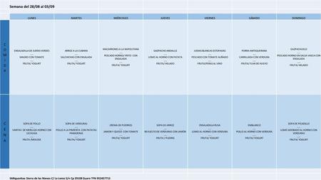 Semana del 28/08 al 03/09 CENA COMIDA LUNES MARTES MIÉRCOLES JUEVES