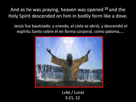 And as he was praying, heaven was opened 22 and the Holy Spirit descended on him in bodily form like a dove. Jesús fue bautizado; y orando, el cielo se.