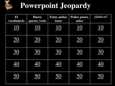 Powerpoint Jeopardy El vocabulario Hacer, querer, venir