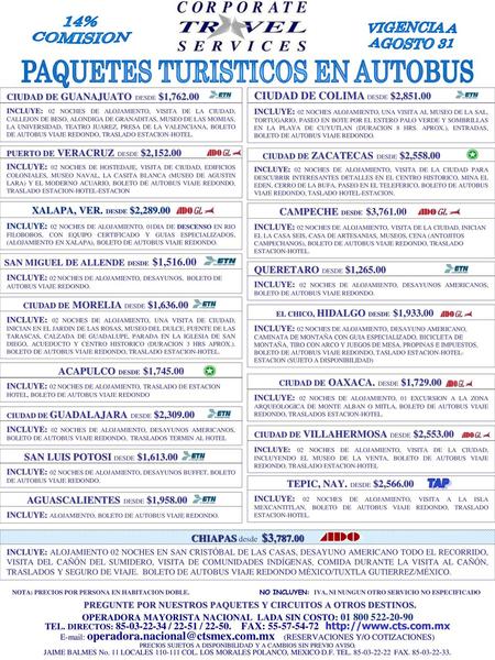 PAQUETES TURISTICOS EN AUTOBUS VIGENCIA A AGOSTO 31 14% COMISION