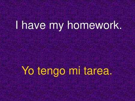 I have my homework. Yo tengo mi tarea..