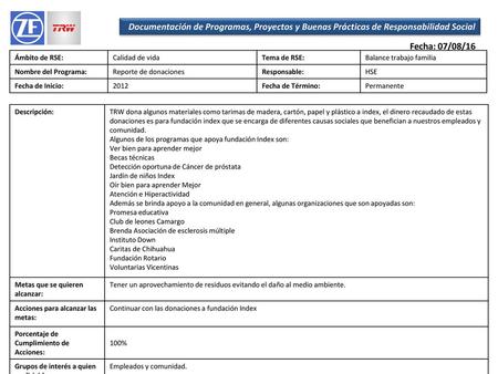 Fecha: 07/08/16 Ámbito de RSE: Calidad de vida Tema de RSE: