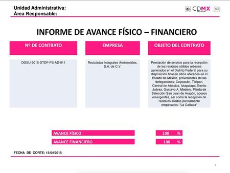 INFORME DE AVANCE FÍSICO – FINANCIERO