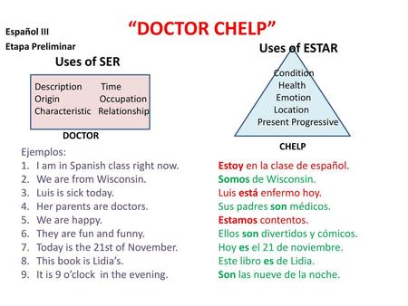 Uses of ESTAR Uses of SER Ejemplos: I am in Spanish class right now.