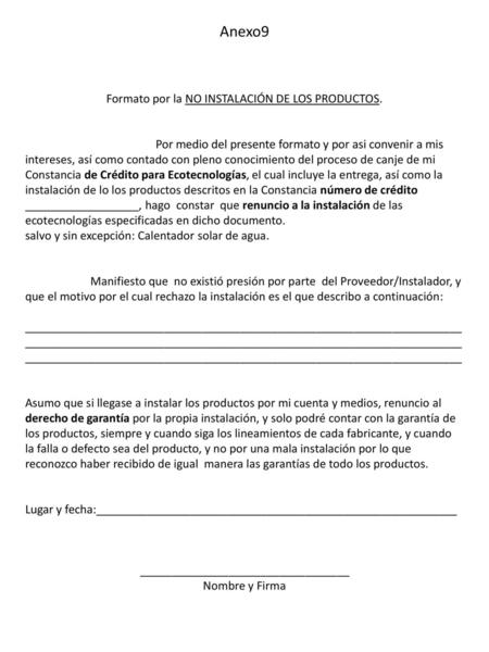 Anexo9 Formato por la NO INSTALACIÓN DE LOS PRODUCTOS.