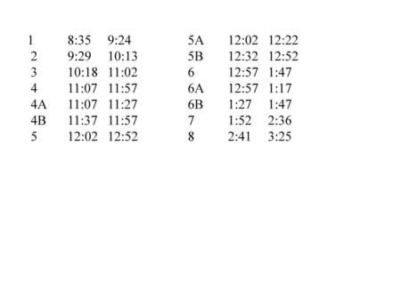 1	8:35 	9:24 	   	5A 	12:02 	12:22   2	9:29 	10:13 	   	5B 	12:32 	12:52   3	10:18 	11:02 	   	6 	12:57 	1:47   4	11:07 	11:57 	   	6A 	12:57 	1:17   4A	11:07 	11:27 	   	6B 	1:27 	1:47 