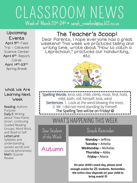 CLASSROOM NEWS The Teacher’s Scoop! WHAT’S HAPPENING THIS WEEK Autumn