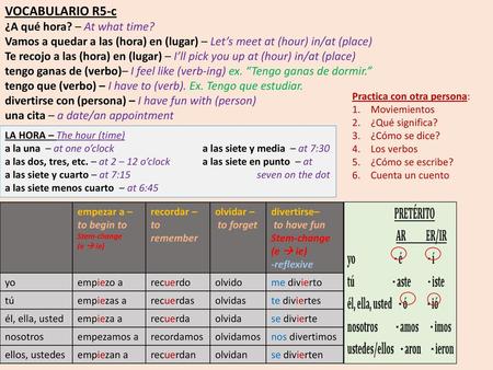 VOCABULARIO R5-c ¿A qué hora? – At what time?