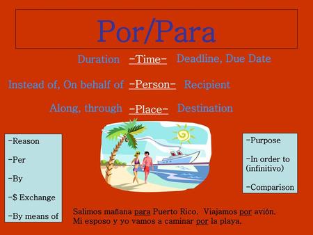 Por/Para Duration -Time- -Person- -Place- Deadline, Due Date