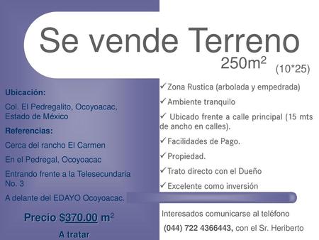 Se vende Terreno 250m2 (10*25) Precio $ m2